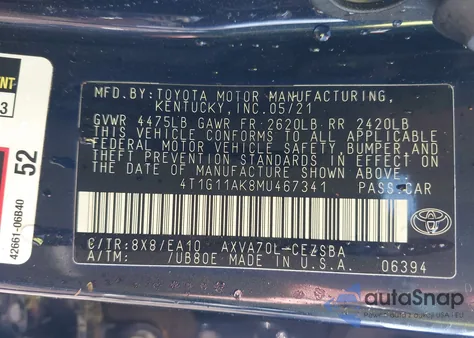 2021 Toyota Camry Se from USA, damaged, VIN 4T1G11AK8MU467341